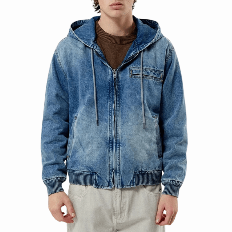 Orsenvi Men's Blue Denim Hooded Jacket Zip Up Front Bomber Style