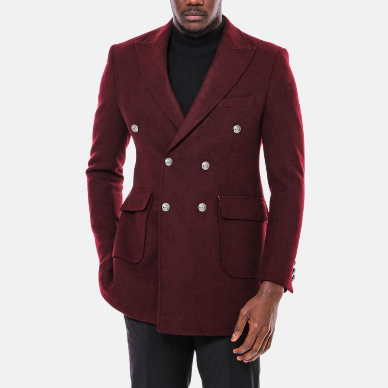 Orsenvi Men's Burgundy Double Breasted Wool Coat