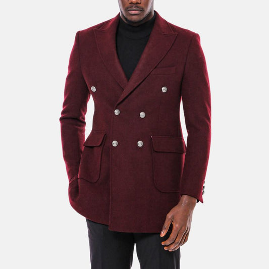 Orsenvi Men's Burgundy Double Breasted Wool Coat