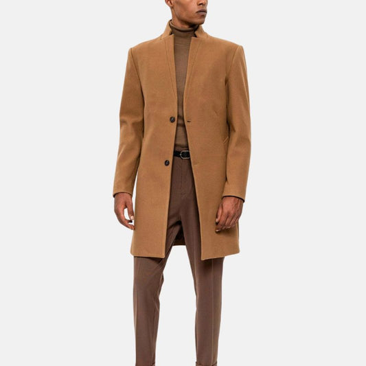 Orsenvi Men Camel Wool Coat Short Single Breasted Classic