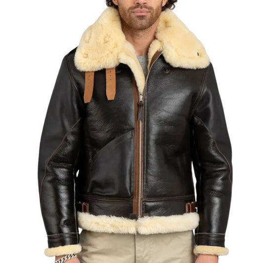 Orsenvi Men's Henry Real Brown B3 Faux Sheepskin Flight Jacket