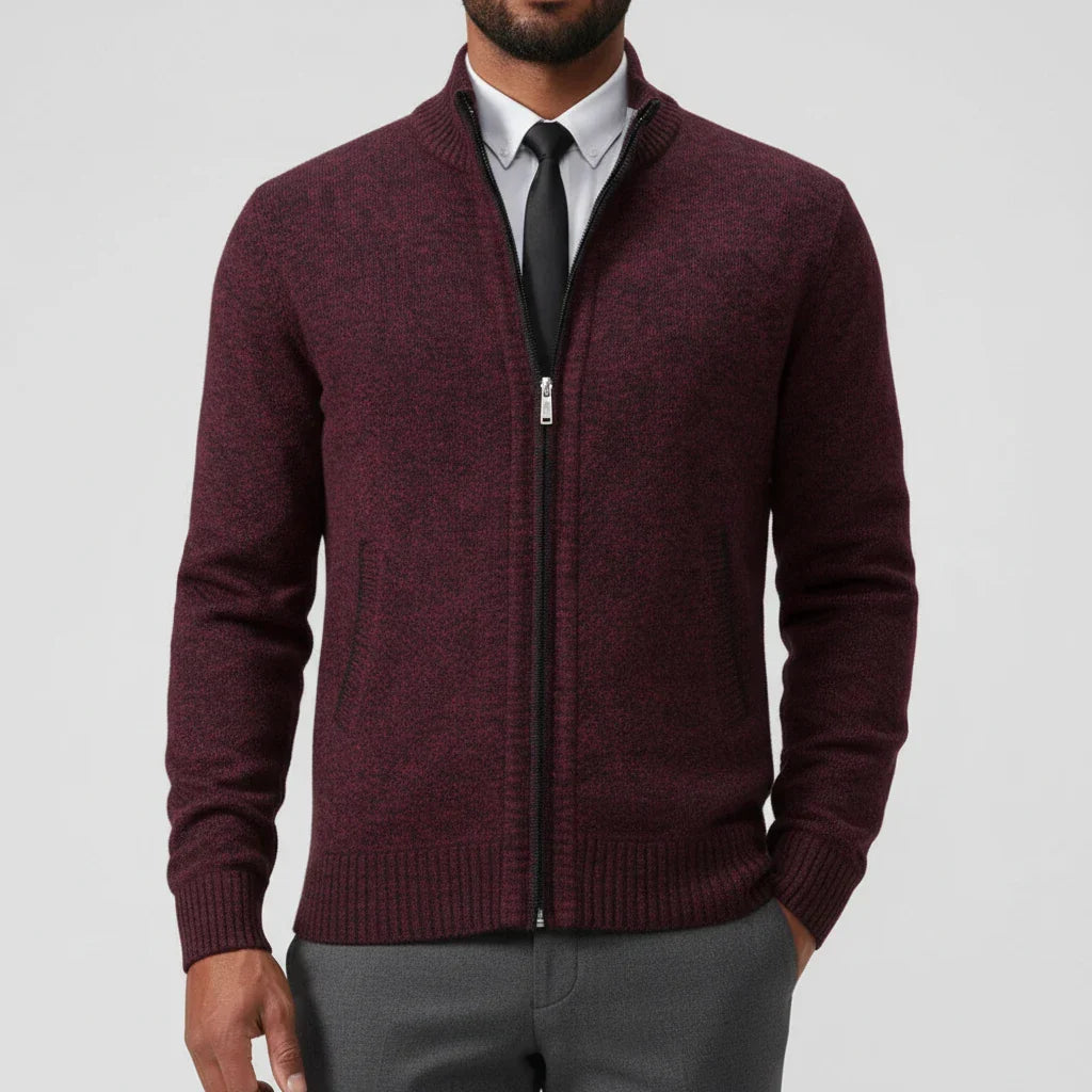 Men's zip-up stand collar sweater in neutral tone, slim fit with full-length zipper for versatile layering