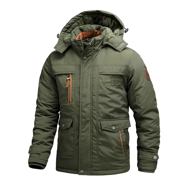 Men's windproof insulated hooded winter jacket by Orsenvi with multiple utility pockets for active wear