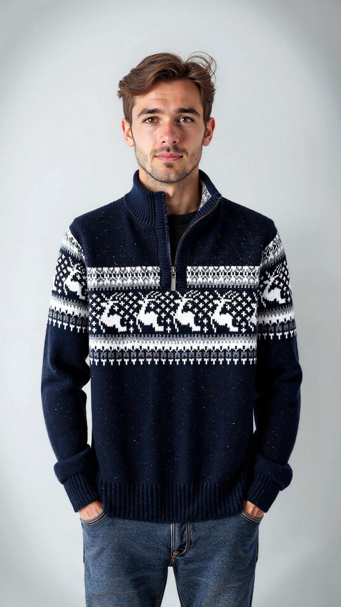 Men's Knit Sweater With Half Zip Wool Blend Nordic Pattern And Ribbed