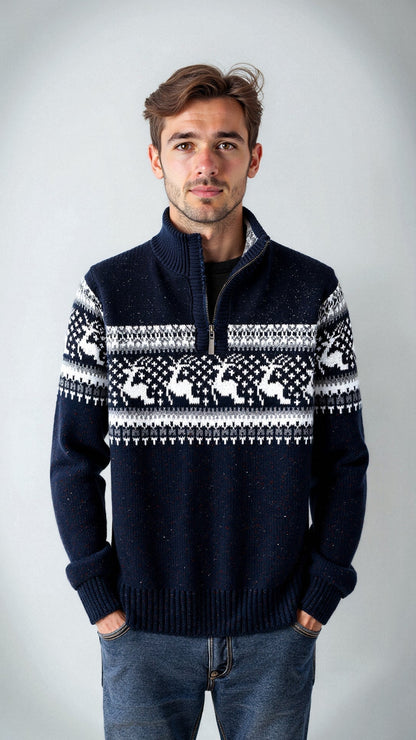 Men's Knit Sweater With Half Zip Wool Blend Nordic Pattern And Ribbed