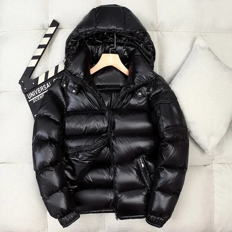 Men's shiny black hooded puffer jacket windproof water-resistant insulated down coat