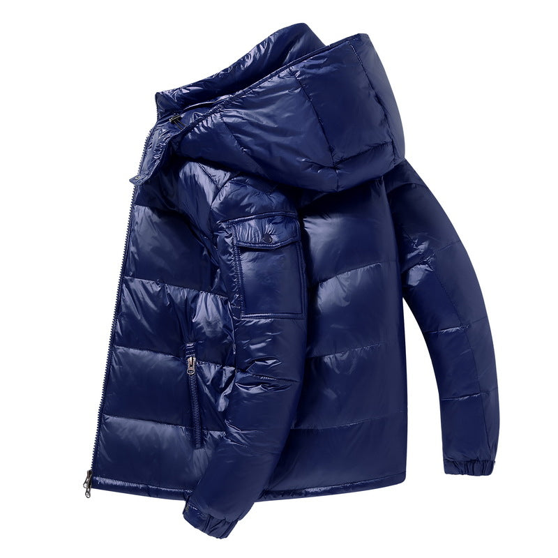 Men's shiny black hooded puffer jacket with glossy finish, windproof insulated down coat