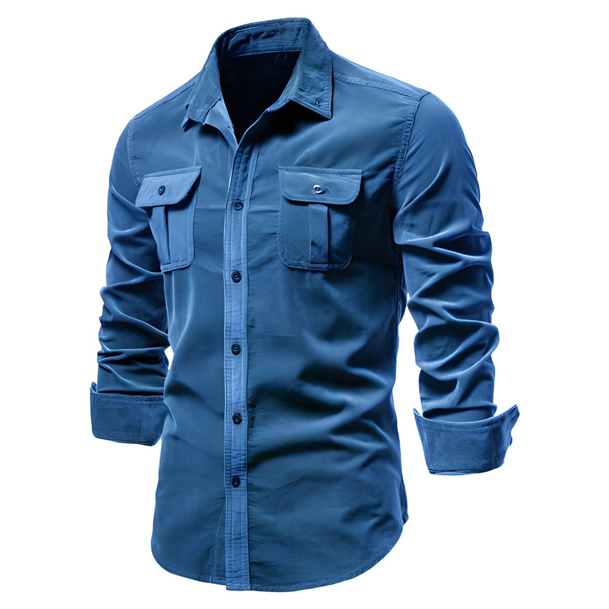 Men's olive green military-style long sleeve shirt with dual functional chest pockets by Orsenvi