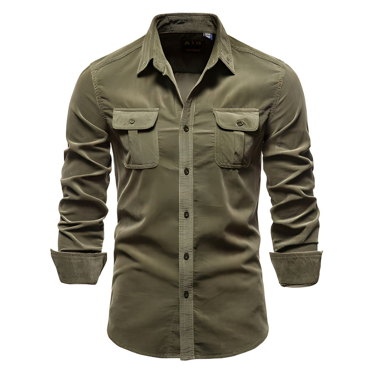 Adam Men's Casual Military Style Long Sleeve Shirt Olive Green