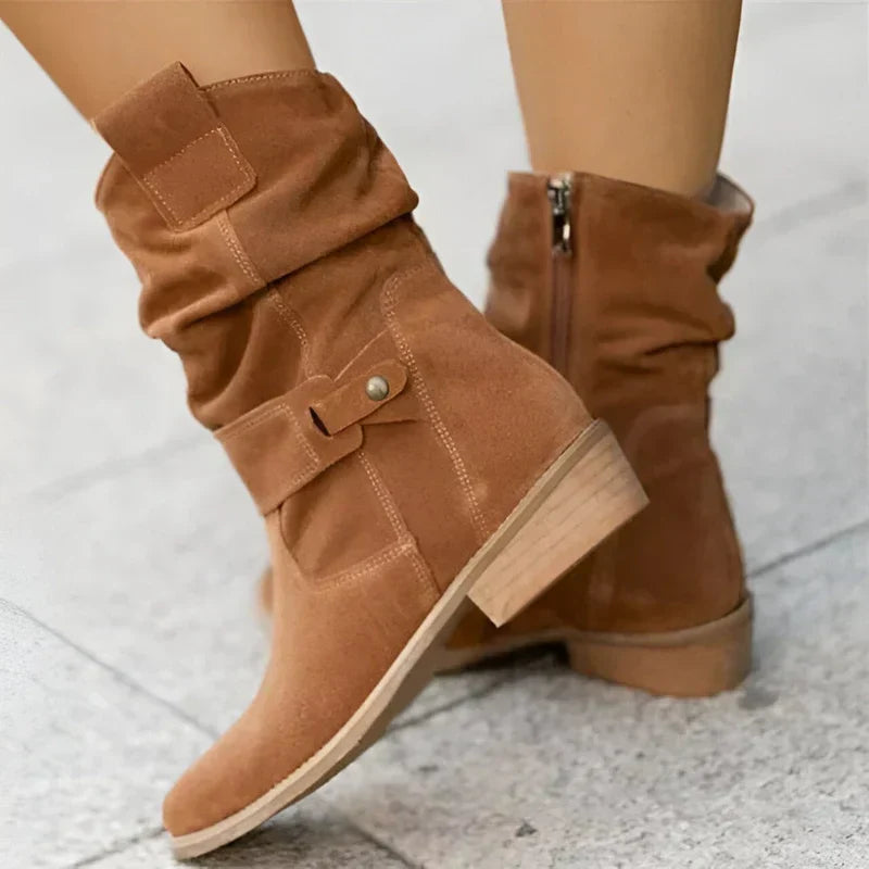 Elegant mid-calf boots with soft soles, sleek silhouette and cushioned comfort for all-day wear