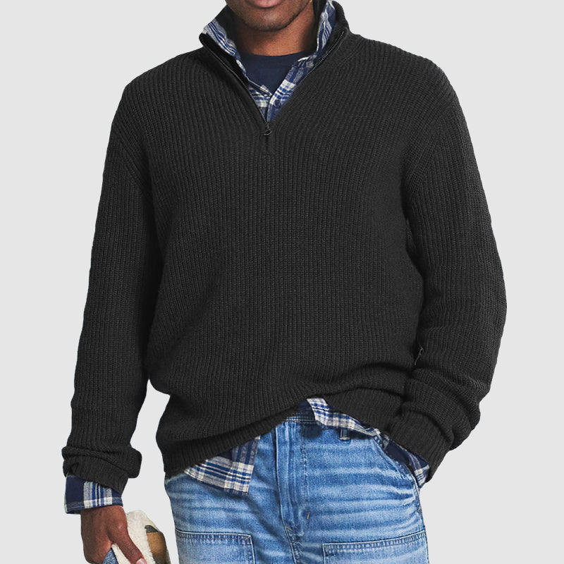Men's relaxed fit cashmere blend quarter zip sweater with ribbed hip length design in neutral tone