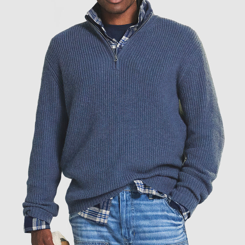 Men's relaxed fit cashmere blend quarter zip sweater with ribbed hip length design
