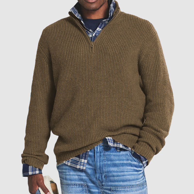 Men's gray cashmere blend quarter zip sweater relaxed fit with ribbed hip length design