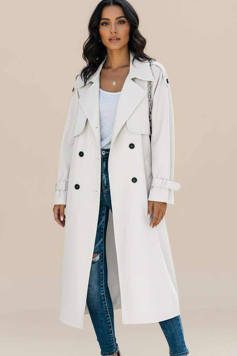 Women's double-breasted long trench coat timeless polished silhouette tailored classic sophistication