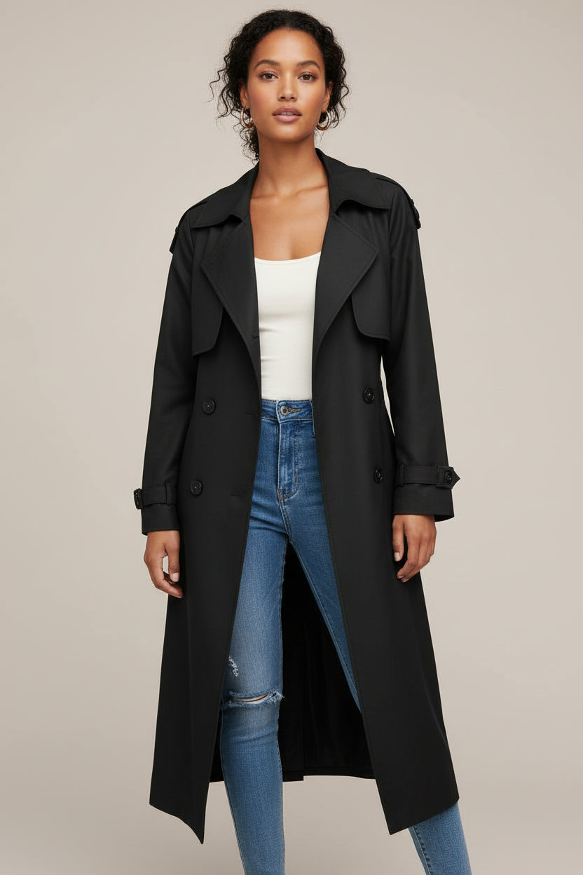 Women's double-breasted long trench coat in neutral tone, tailored silhouette with classic lapels
