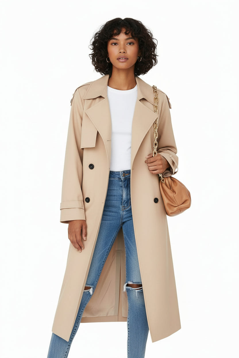 Women's double-breasted long trench coat in neutral tone with structured tailored silhouette and relaxed fit