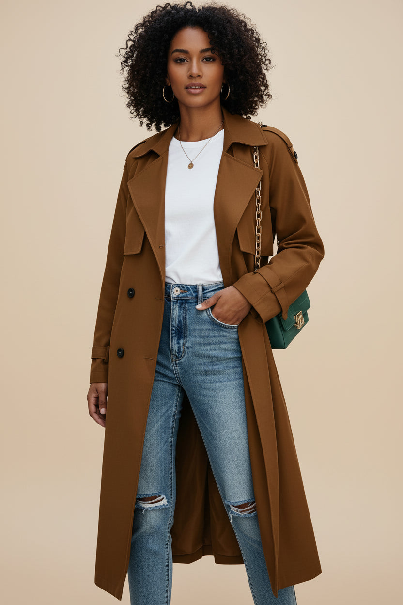 Women's double-breasted long trench coat timeless polished silhouette versatile all-day comfort