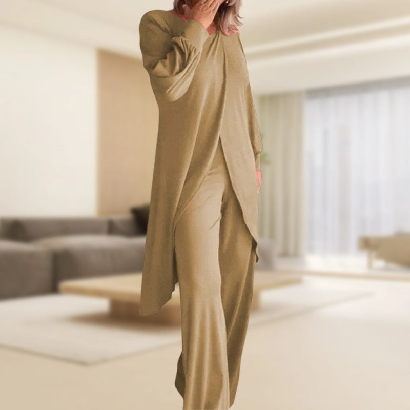 Women's khaki two-piece set oversized long-sleeve tunic high-low hem wide-leg pants relaxed fit