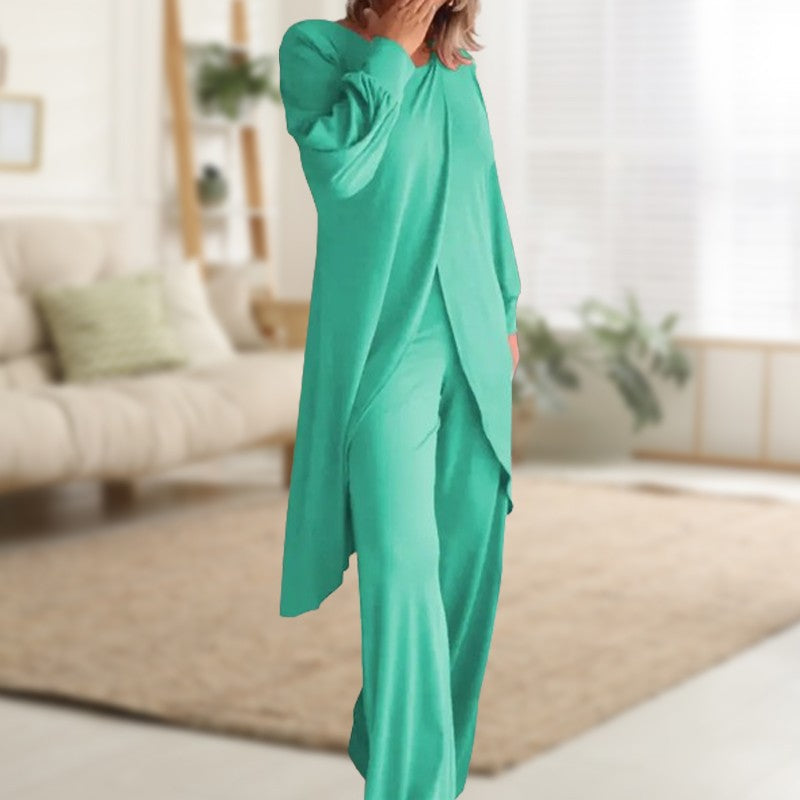Women's khaki two-piece set oversized long-sleeve tunic high-low hem matching wide-leg pants