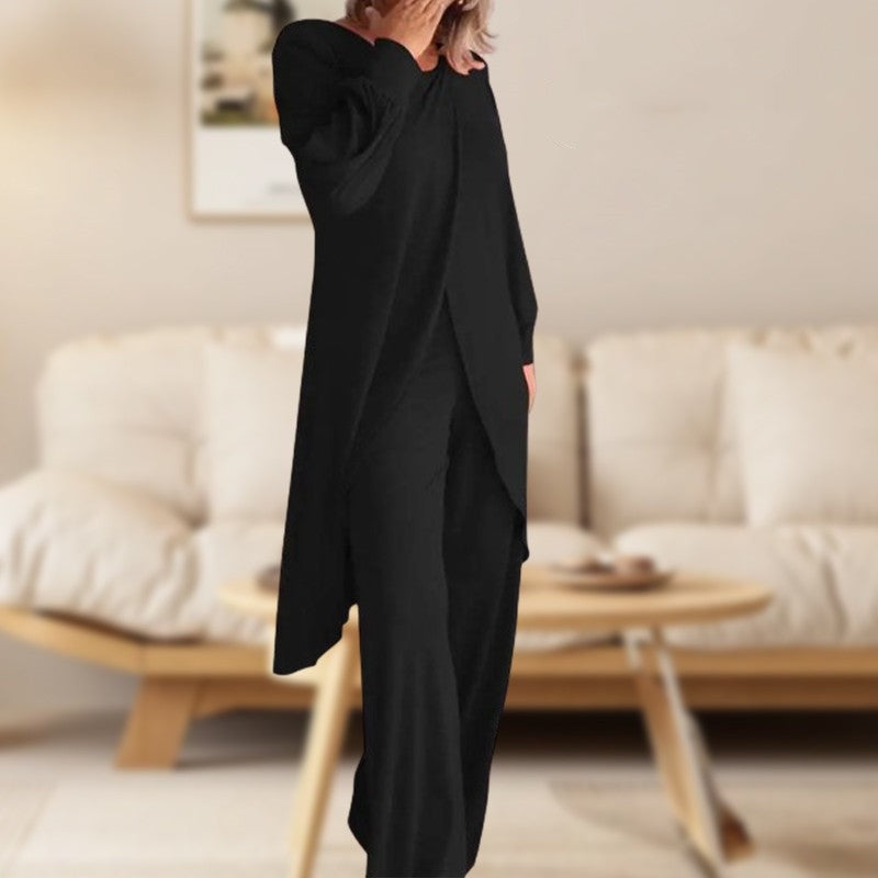 Women's khaki two-piece set oversized long-sleeve tunic high-low hem matching wide-leg pants
