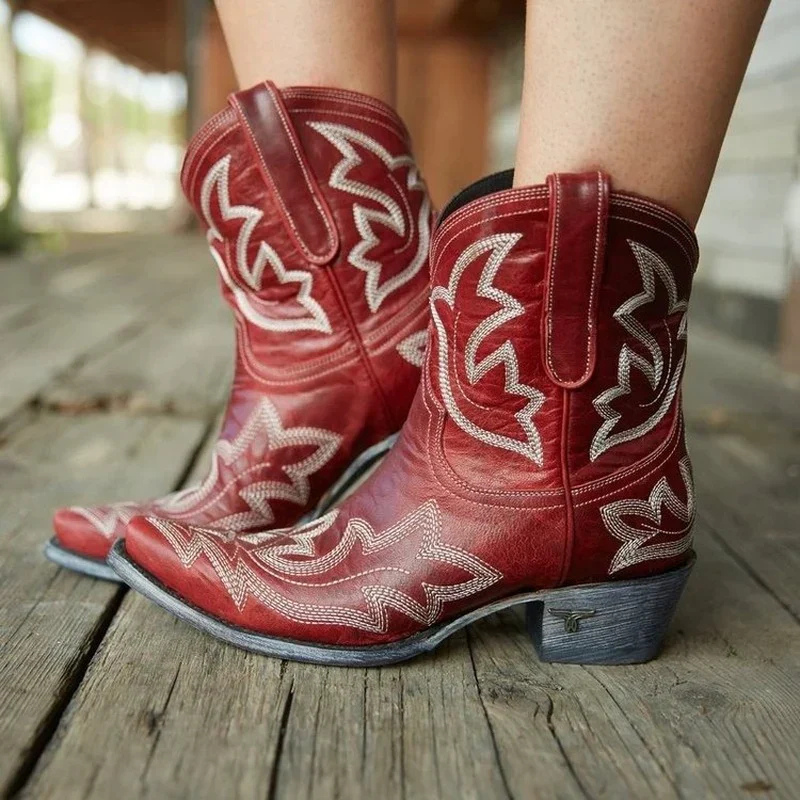 Nicole tan mid-calf western boots with decorative embroidery, vegan leather cowboy style