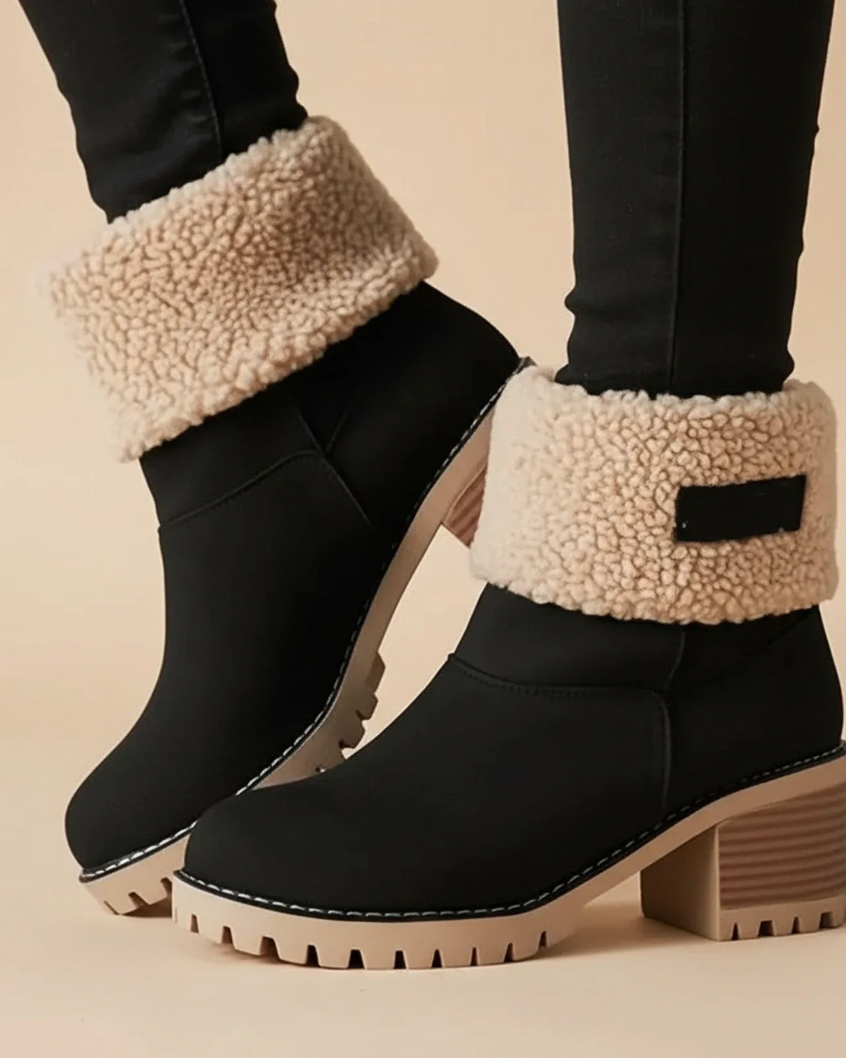 Womens Cuffed Sherpa Lined Ankle Boots With Thick Block Heel
