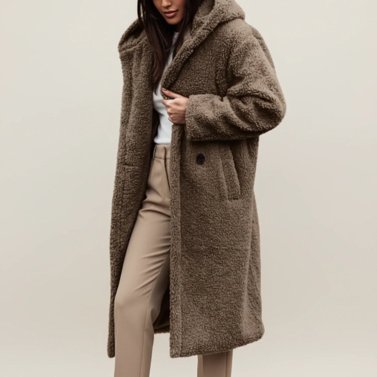 Women's long hooded teddy coat in cozy plush fabric, oversized silhouette for winter warmth