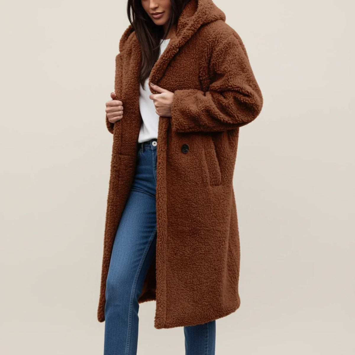 Women's long hooded teddy coat in cozy plush fabric, oversized silhouette for winter warmth