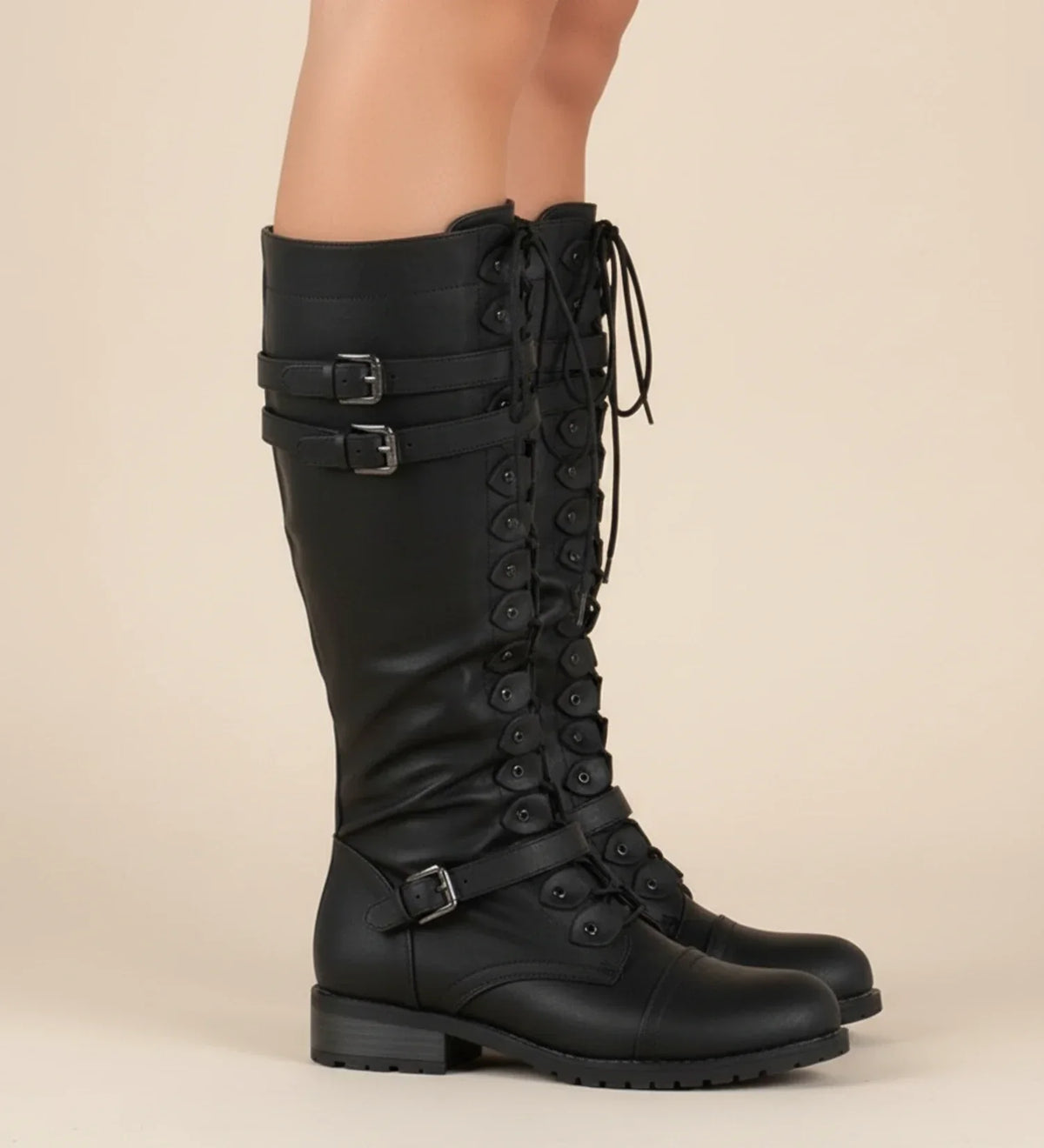 Women's Knee-High Lace-Up Buckle Combat Boots