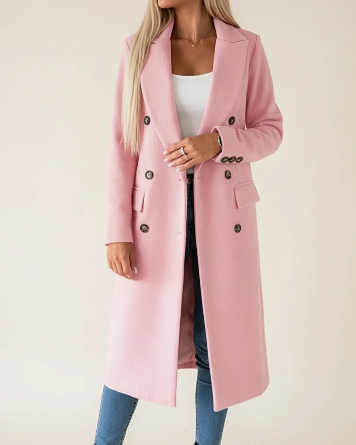 Orsenvi Women's Pink Double Breasted Long Trench Coat For Workwear