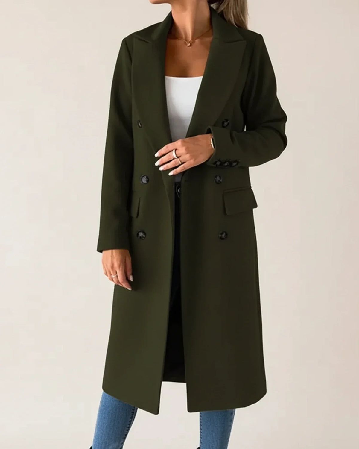 Women's pink double-breasted long trench coat with notch lapels for workwear layering