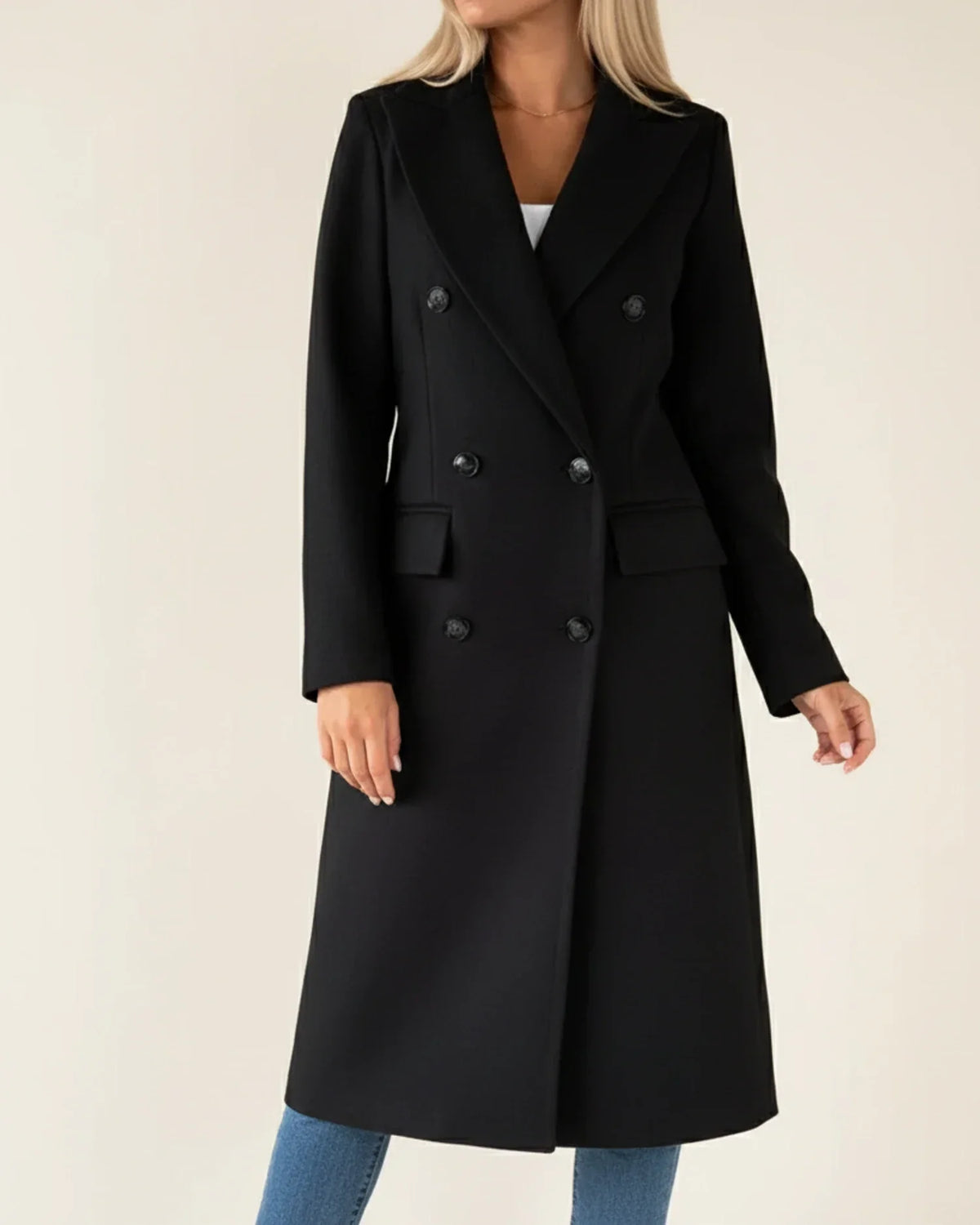Women's pink double-breasted long trench coat with notch lapels for workwear layering