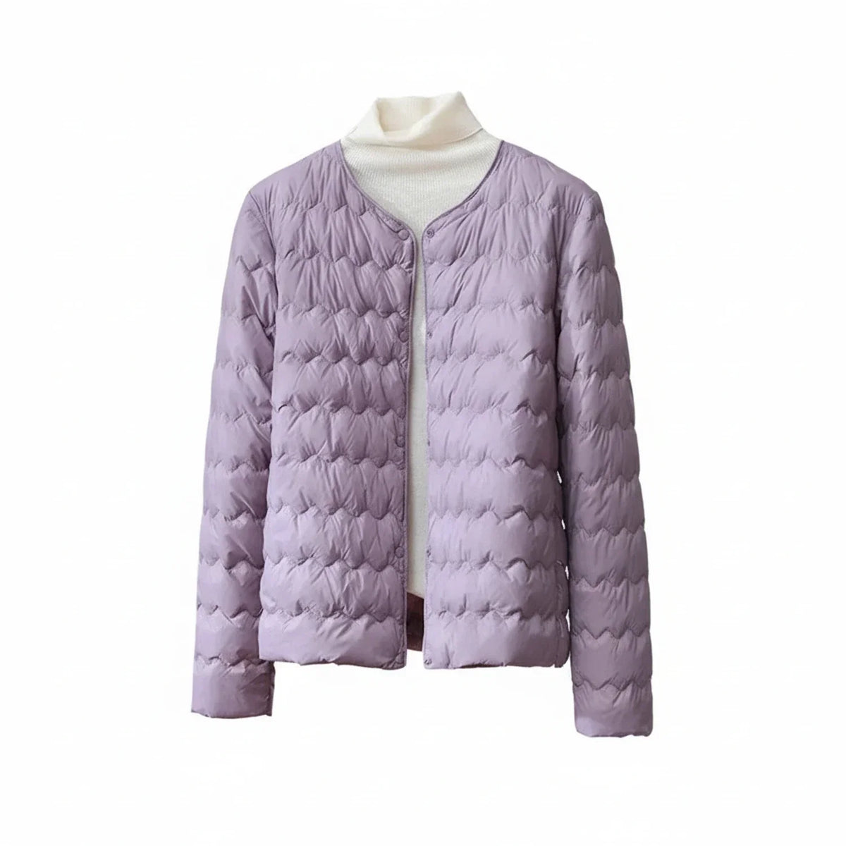Women's collarless quilted puffer jacket lightweight button-front minimalist straight hem silhouette