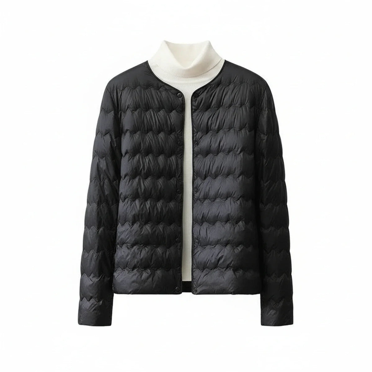 Women's collarless quilted puffer jacket lightweight minimalist button-front straight hem versatile layer