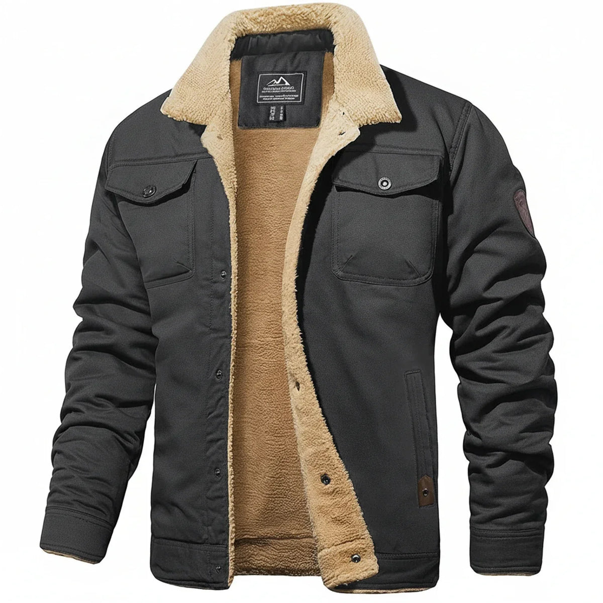 Black men's winter jacket sherpa collar fleece-lined utility chest pockets cozy slim silhouette